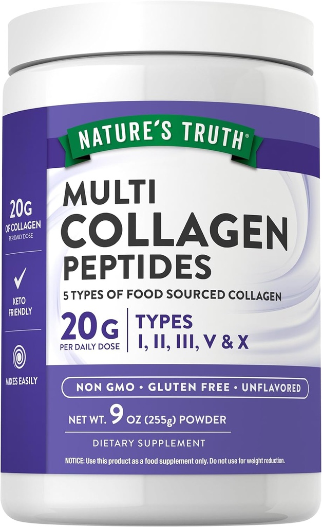 Nature's Truth Multi Collagen Peptide Powder | 9 oz | Type I, II, III, V, X | Unflavored | Non-GMO & Gluten Free Supplement
