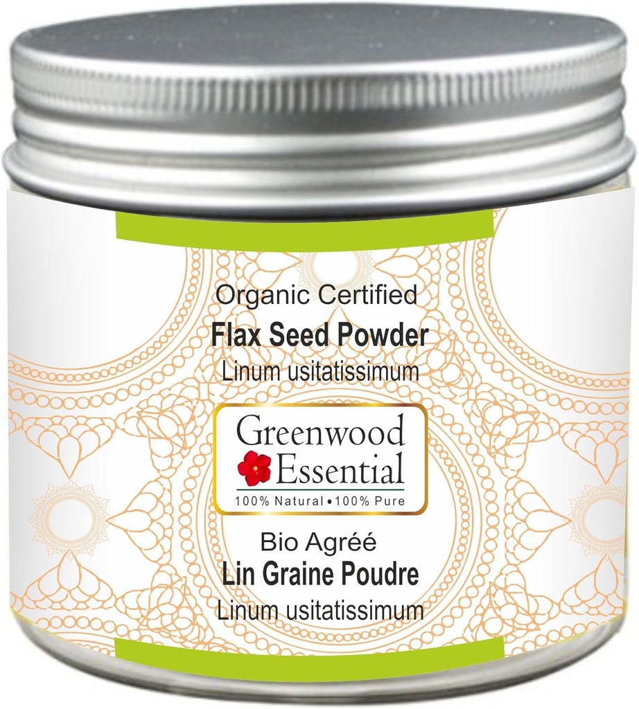 グリーンウッドエッセンシャルピュアフラックスシードパウダー(Linum usitatissimum)オーガニック認定100gm(3.5 oz)