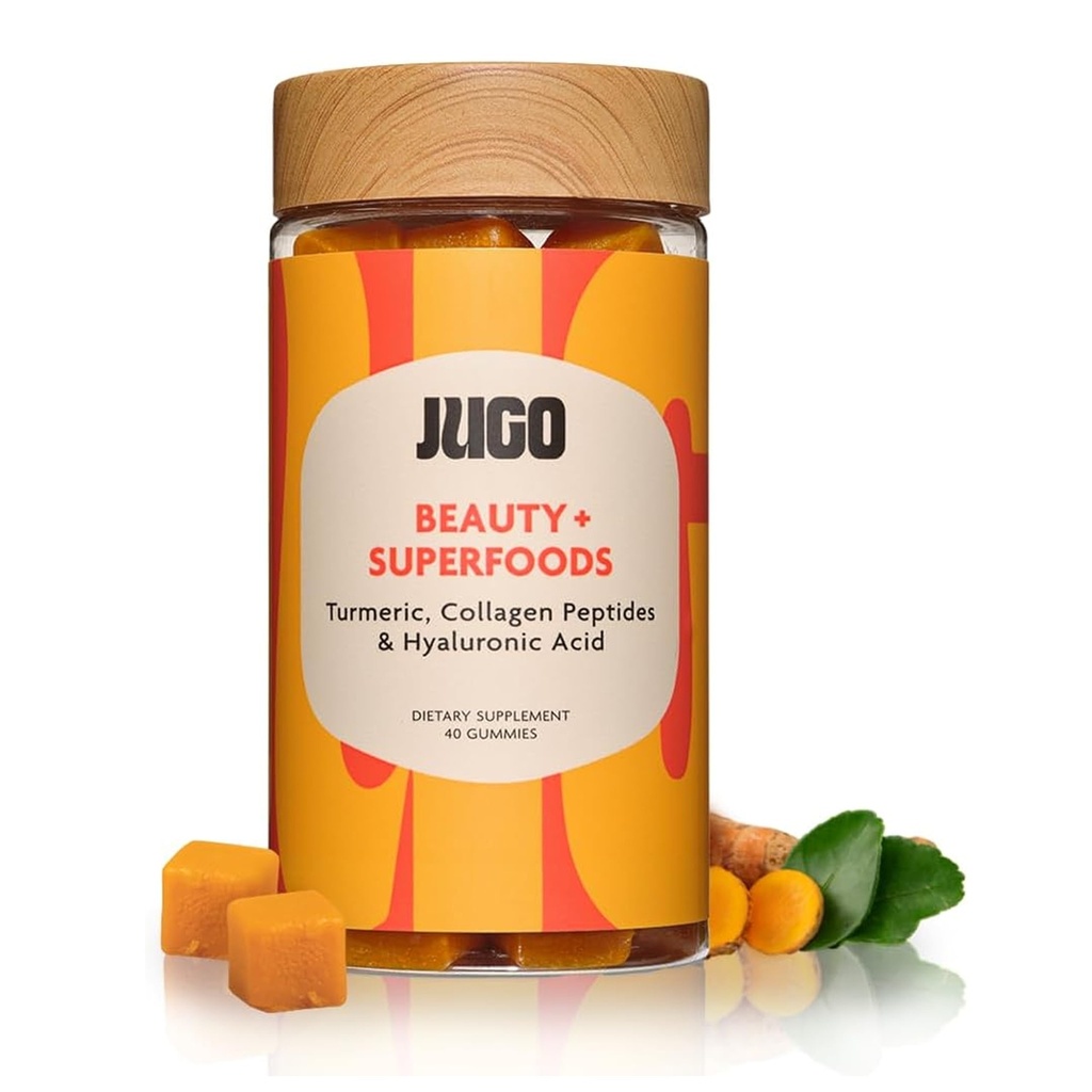 JUGO Beauty + SUPERFOODS | ヒアルロン酸・ターメリック配合のヘアスキンケア | 40 カウント植物由来のグミ | ゼラチンフリー、非GMO、アメリカ製