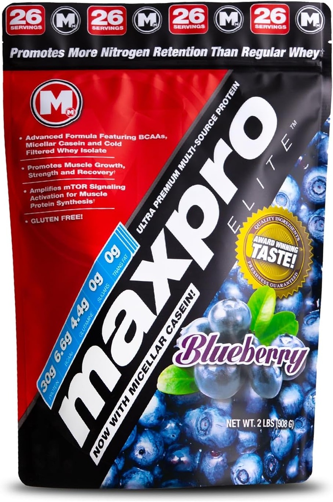 マックスマッスル Maxpro エリート ウィープロテインパウダー | 30g タンパク質 | 0g 砂糖 | 6.6g BCAAs | Micellar Casein 冷間濾過粘液 | 筋肉の成長と回復を促進する(ブルーベリー、2lb)