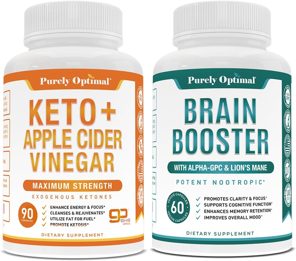 純粋に最適プレミアム Keto Pills + Apple Cider Vinegar Capsule with Mother + Premium Brain Supplement - Nootropic Brain Booster for Focus, Clarity, Improved Memory, Concentration & Better Mood