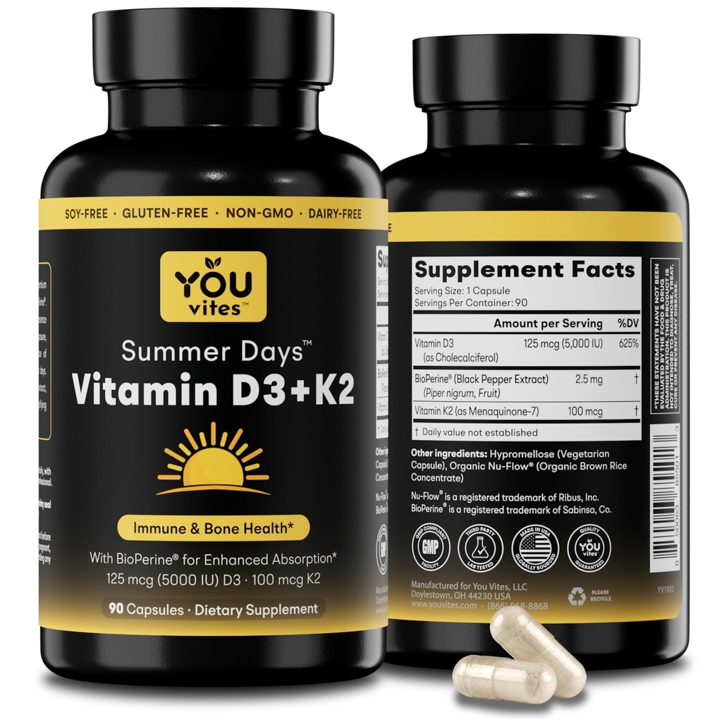 ビタミンD3 + K2 - 最大吸収量、5000 IU D3および100 mcg K2 MK-7(Menaquinone-7) BioPerine - 骨、心臓&免疫サポート - 非GMO、グルテンフリー、大豆無料 - 90カプセル - 毎日のサプリメント