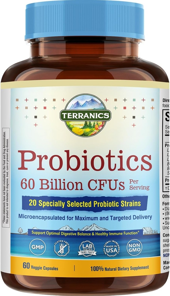 Terranics Probiotics 60 Billion CFU、20 の緊張、60 の野菜のカプセル、プレバイオティクス及びプロバイオティクス、人及び女性のための保存の安定した Probiotic の補足、消化及び免疫の健康、非GMO、大豆、酪農場及びグルテン無し