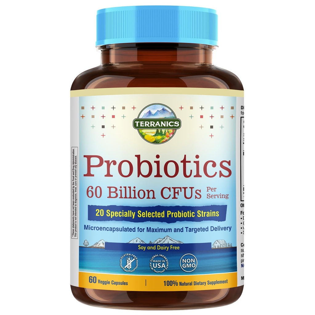 Terranics Probiotics 60 Billion CFU、20 の緊張、60 の野菜のカプセル、プレバイオティクス及びプロバイオティクス、人及び女性のための保存の安定した Probiotic の補足、消化及び免疫の健康、非GMO、大豆、酪農場及びグルテン無し