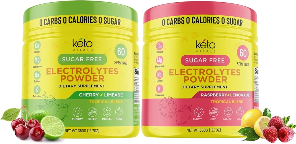 Keto Vitalsチェリーリメードバンドルとラズベリーモネード - 2パックバンドルKeto電解質パウダー - カリウム、マグネシウム、ナトリウム、カルシウムと電解液 - チェリーリメード&ラズベリーモネード