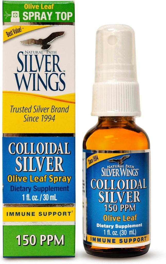 Natural Path Silver Wings Colloidal Silver 150ppm (750mcg) w/Olive Leaf - Immune Support Supplement - 1oz Spray