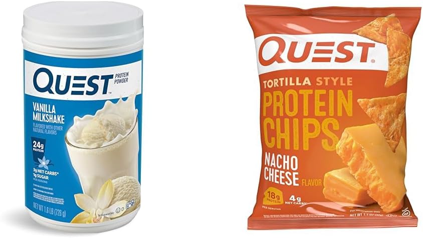 Questバニラミルクセークプロテインパウダー、24gプロテイン、1.6lb + Quest Nachoチーズトルティーヤスタイルのプロテインチップ、18gプロテイン、12のパック