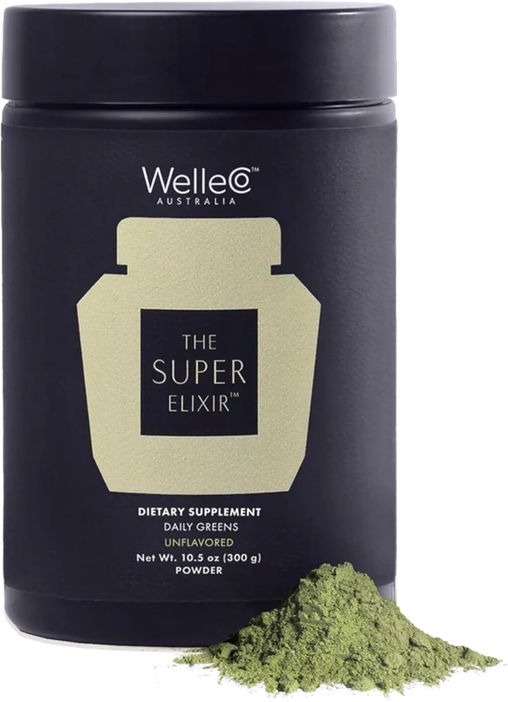 WelleCo The Super Elixir Daily Greens Powder, Probiotic Drink Mix with Whole Foods, Gluten Free, Vegan Gut Health Powder, Energy, Immunity, Healthy Skin, Hair & Nails (300g, Unflavored) Jar