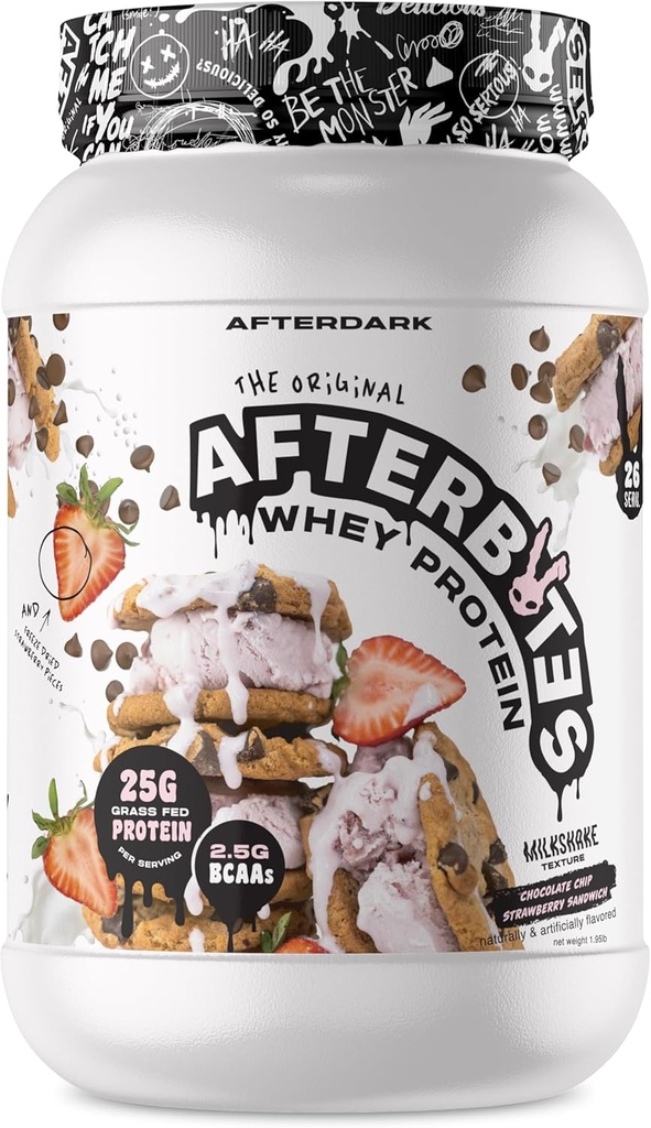 AFTERDARK Afterbites Whey Protein Powder, 25g Protein, 4.5g BCAA’s, Easy Dissolving, No 人工的な色やフィラー, Isolate Protein, USA Made, 26 仕入, いちごクッキーサンドイッチ