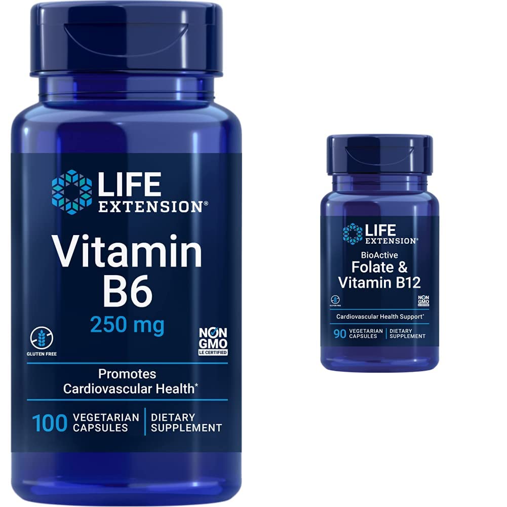 ライフエクステンションビタミンB6 250mg、100ベジタリアンカプセル& Folate&ビタミンB12、ベジタリアンカプセル、白、90カウント