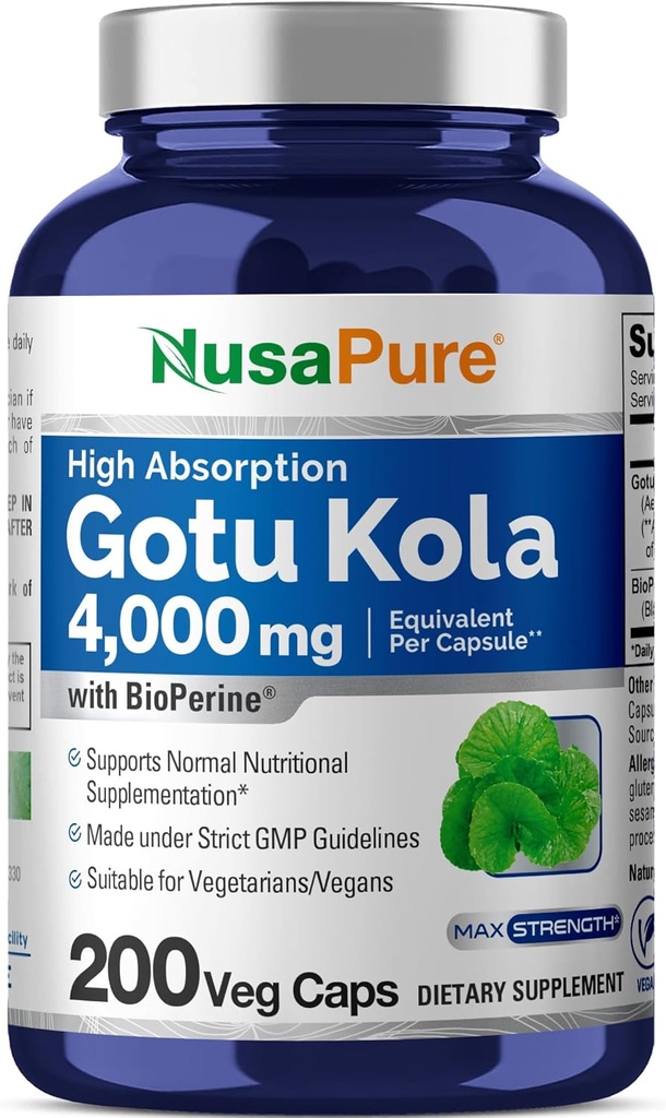 NusaPure Gotu Kolaカプセル20:1抽出物、野菜キャップあたり4000mg相当200mg、200カウント、非GMO、ビーガン、バイオペリン - 伝統的なハーブエキス