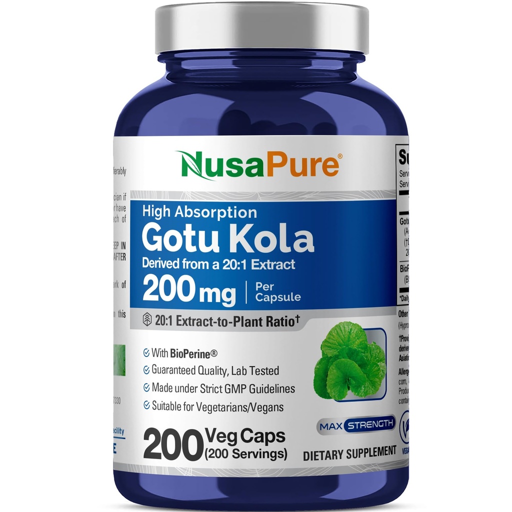 NusaPure Gotu Kolaカプセル20:1抽出物、野菜キャップあたり4000mg相当200mg、200カウント、非GMO、ビーガン、バイオペリン - 伝統的なハーブエキス