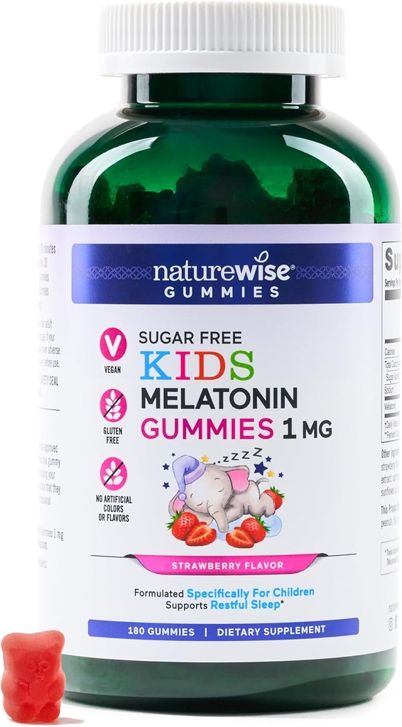 NatureWise Kids Melatonin 1 mg Sugar-Free Gummies for Children Ages 4 & Up - Non-Habit Forming Sleep Aid - Strawberry Flavored - Vegan, No Gluten, Non-GMO - 180 Count[6-Month Supply]