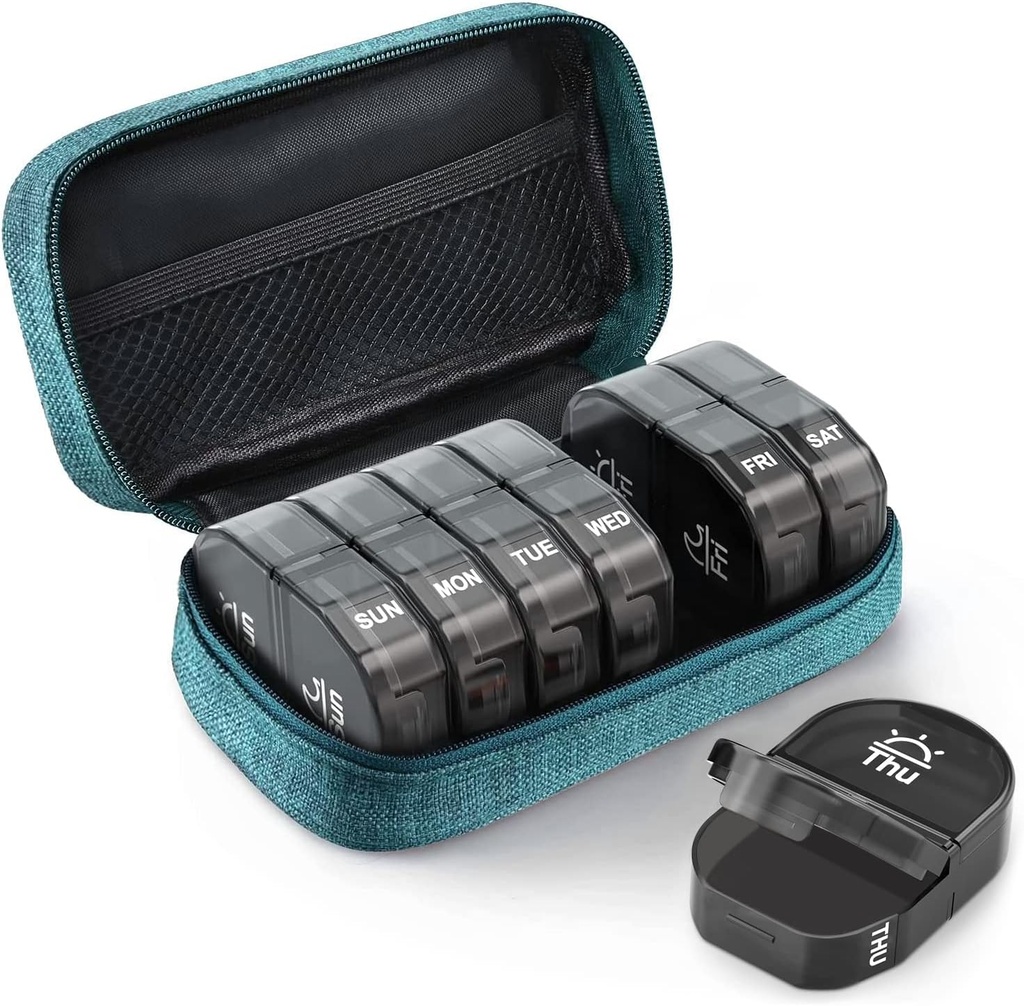 AUVON のキャンバス袋旅行丸薬のオルガナイザー 2 日、大きい AM/PM 週刊 Pill Box 7 日の丸い補足、ビタミンおよび魚油のための携帯用シアンのジッパーの布袋が付いている日の丸薬箱
