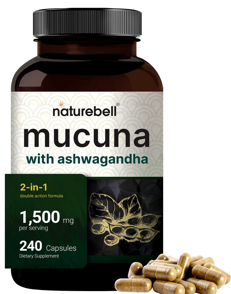 MucunaのPruriensのカプセル、サービングごとの三重の強さ1500mg、1の方式で、MucunaおよびAshwagandha、240のカプセル、有効な種のエキス、肯定的な気分、弛緩及び回復サポートとなされる