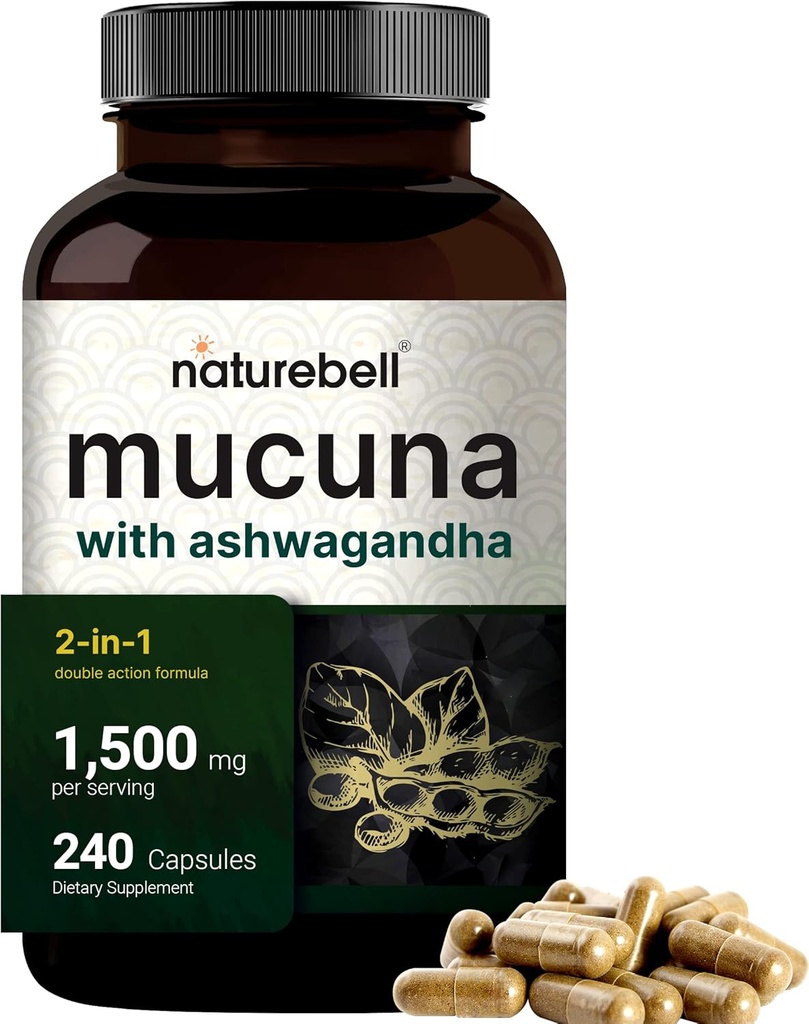 MucunaのPruriensのカプセル、サービングごとの三重の強さ1500mg、1の方式で、MucunaおよびAshwagandha、240のカプセル、有効な種のエキス、肯定的な気分、弛緩及び回復サポートとなされる