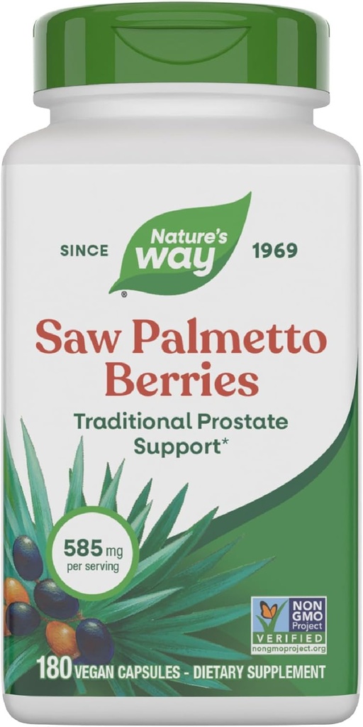 Nature's Way Saw Palmetto Berries, Traditional Prostate Support*, 585 mg per serving, Non-GMO Project Verified, Vegan, 180 Capsules