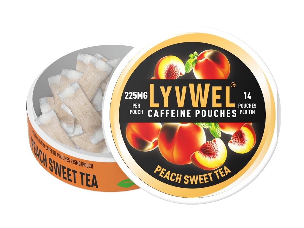 LyvWel超カフェインポーチ - ピーチ甘いお茶 - 225mgグアラナと自然カフェイン - 焦点と気分のためのクリーンエネルギー - 1-パック(15袋)