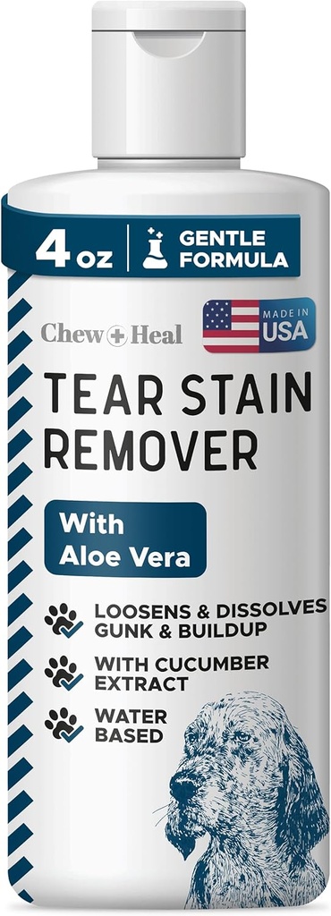 Chew + Heal Labs Pet Tear Stain Remover for Dogs - 4 oz Water-Based Dog Eye Wash & Cleaner - Dissolves Gunk & Buildup - Aloe Vera & Cucumber Extract