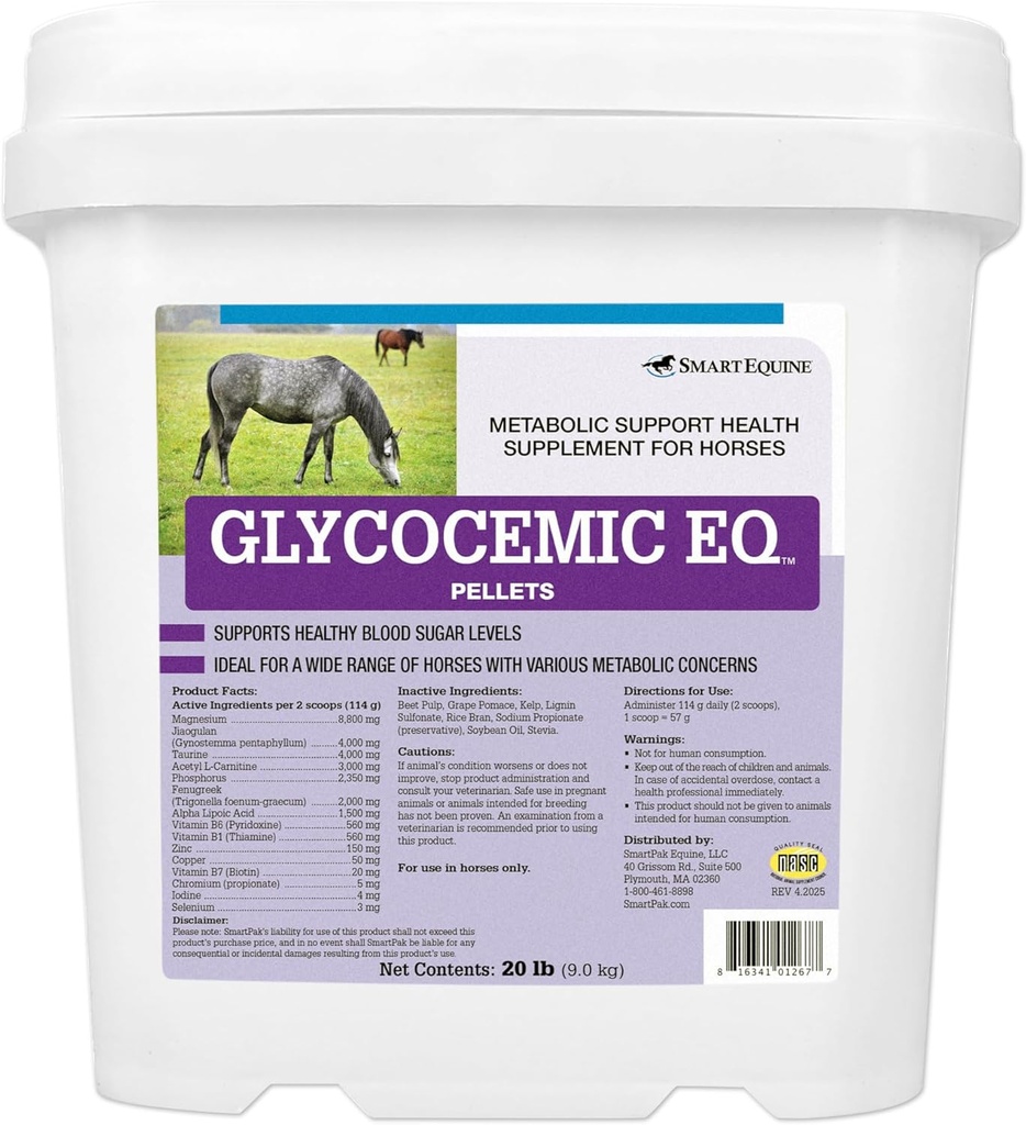 Glycocemic EQ Pellets | Equine Metabolic Support | for Thyroid Function and Healthy Weight Support | Taurine, Jiaogulan, and More | 20 lb Bucket