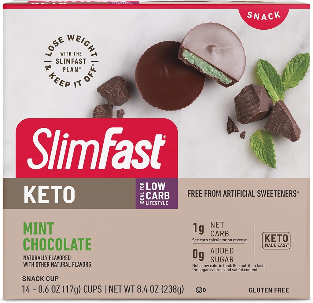 SlimFast Keto脂肪爆弾スナックカップ, ミントチョコレート, 減量のためのケトスナック, 0gを追加砂糖と低炭水化物, 14 カウントボックス (パッケージメイラリー)