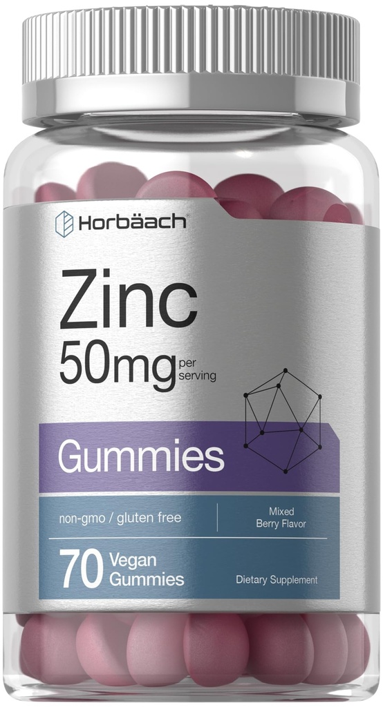 ホアバハチ亜鉛50mg | 70グミー | ミックスベリー風味 | ヴィーガン、非GMO、グルテンフリーのフォーミュラ | 亜鉛クエンタリサプリメント