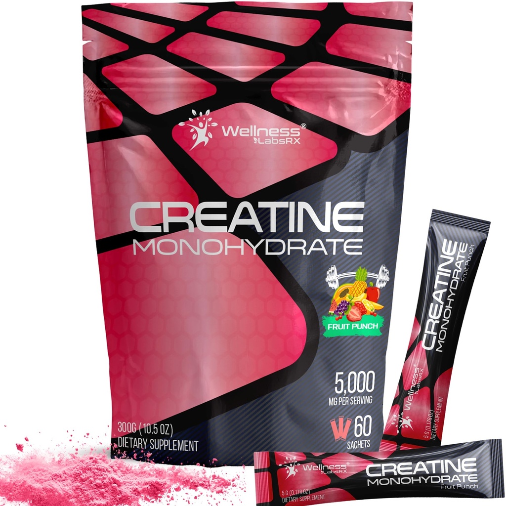 ウェルネスLABSRXクレアチンモノハイドパウダー - 5000mg、フルーツパンチフレーバー - 60サチェット - 300g