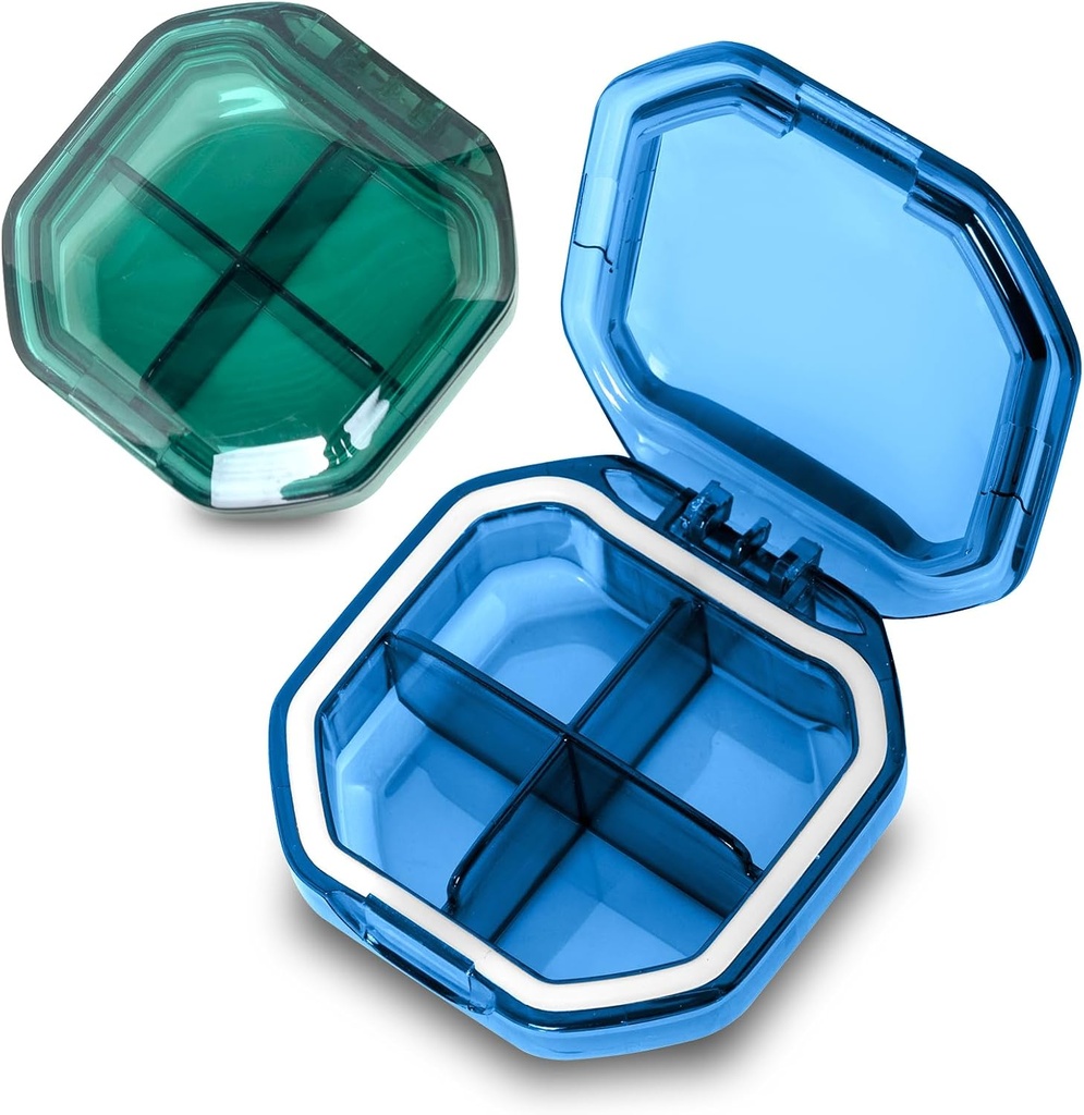 毎日の丸薬のオルガナイザー、2つのパック4のコンパートメントの小さい丸薬箱の携帯用丸薬の箱、ビタミン、タラのレバー オイル、補足および薬(青+緑)を握るためにPillのオルガナイザーを予約して下さい