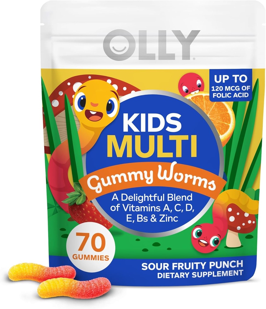 OLLYキッズマルチビタミンGummy Worms、全体的な健康と免疫サポート、ビタミンとミネラルA、C、D、E、B、亜鉛、Chewableサプリメント、サワーフルーツパンチ、45デイサプライ - 70カウント