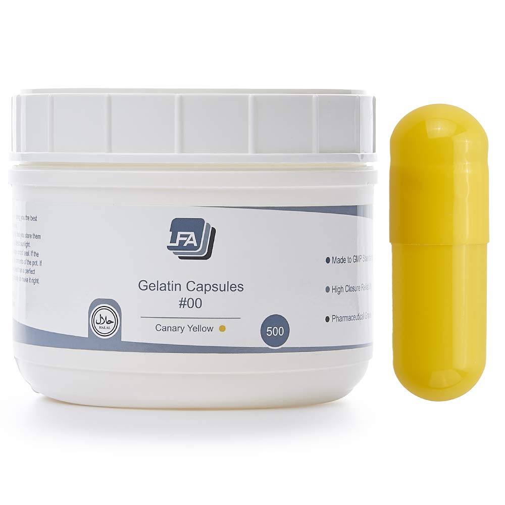 空のカプセルのサイズ00 - 黄色の着色されたゼラチン- 500の計算-適合のカプセルの満ちる皿-結合されたビーフのゲルの帽子のDIYの粉の補足の丸薬のための容易なスナップ-証明されたハラール