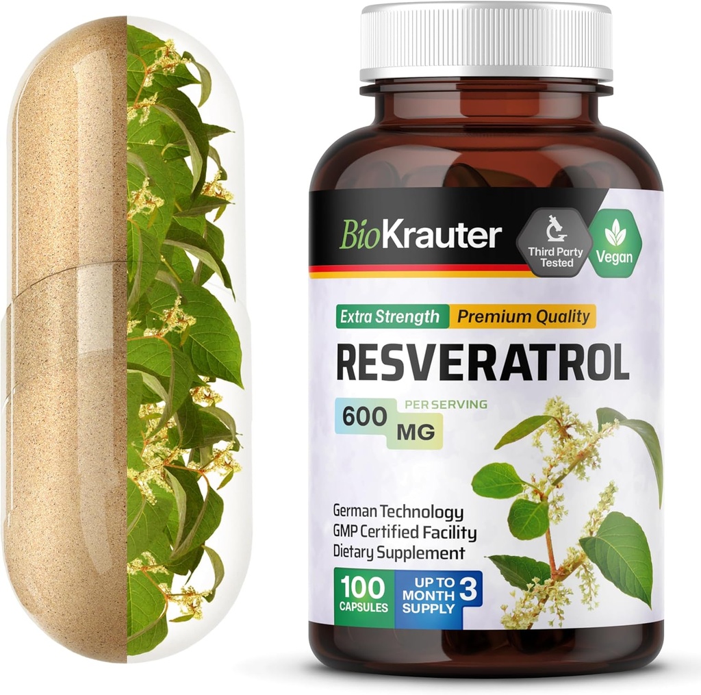 BIO KRAUTER Resveratrol の補足は 600 の mg - 100 の計算-自然な酸化防止源- 98% の純粋なトランス Resveratrol の粉-ビーガンをカプセル化します