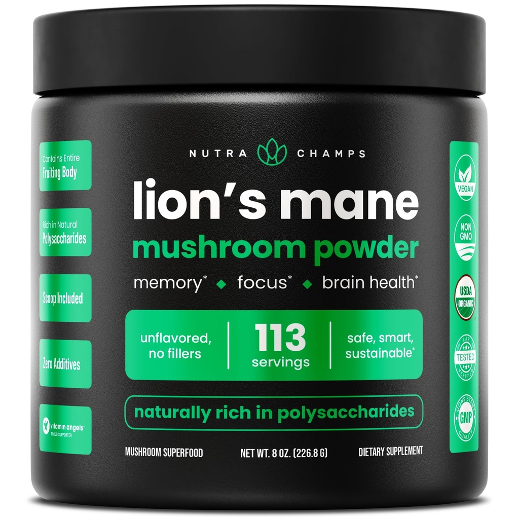 NutraChamps 有機ライオンマネパウダー - 2000mg メモリ、フォーカス、免疫サポートのための強力な向知性 - ビーガンライオンのマネキノコパウダーサプリメント、自然にベータ-グルカンを占有 - 8oz