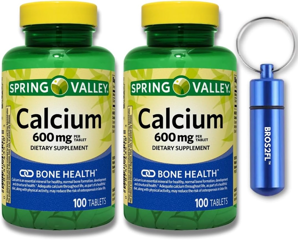 カルシウム骨の健康の食事療法の補足のタブレット、600のmg、100の計算(2-Pack)はBROS2FL Keychainの防水携帯用金属の丸薬箱(2項目)と束ねます