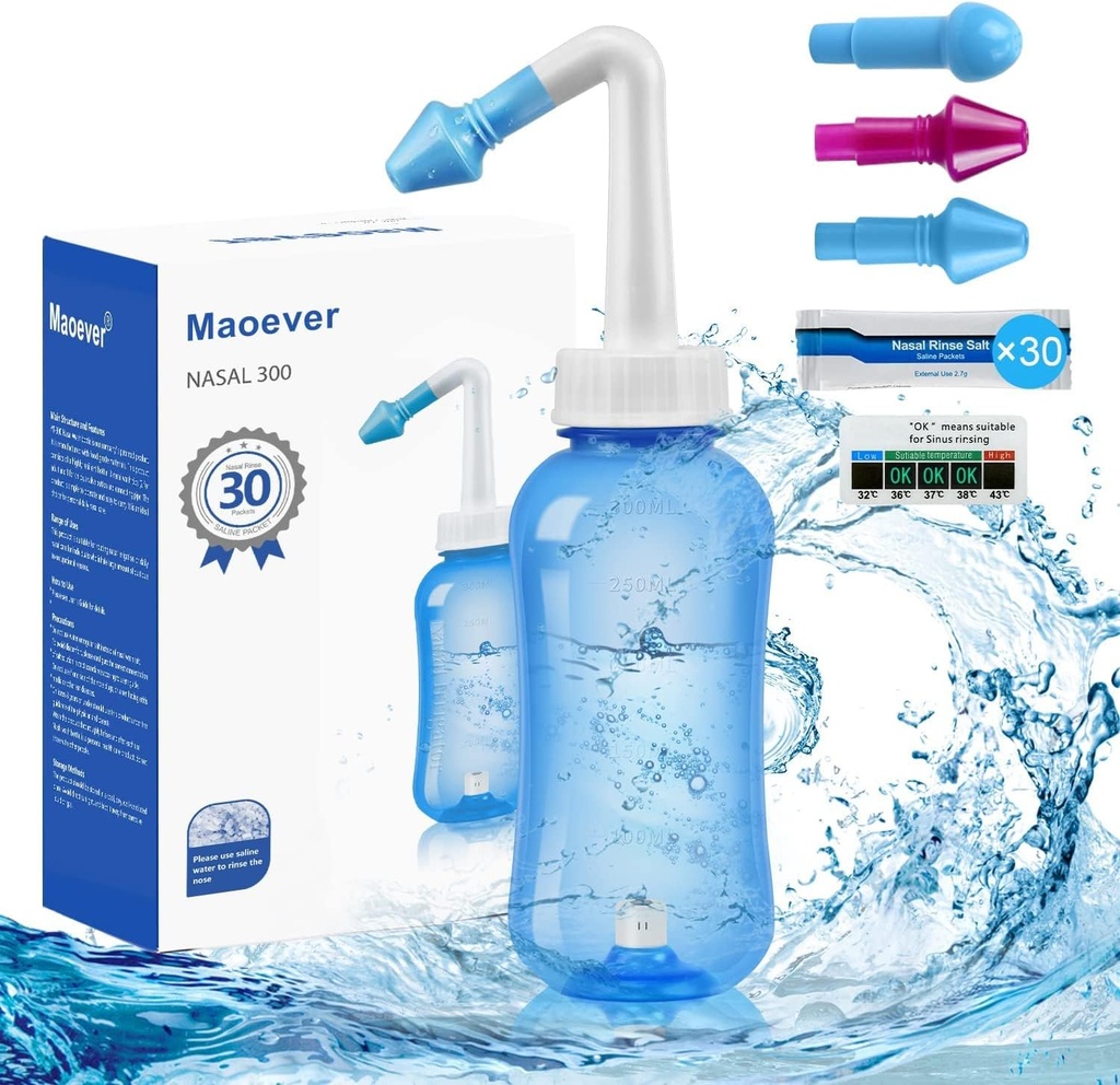 MAOEVER Neti Pot Sinus Rinse Nasal Wash 300ML Neti-Pot と 30 Nasal Wash Salt Packets と Sticker Thermometer Nose Cleaner 洗浄ボトル クリーナー 圧力 灌漑用 大人 & Kid BPA 無料 (青)