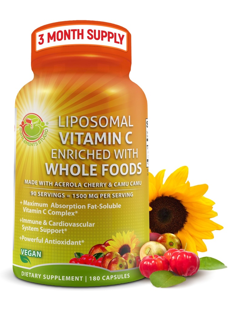 リポソームビタミンCカプセル - 1500mg - 有機アセローラチェリー&カムカム、高効力ビタミンCリポソーム - 免疫サポートサプリメント、強化吸収&バイオアベイラビリティ - 180カウント