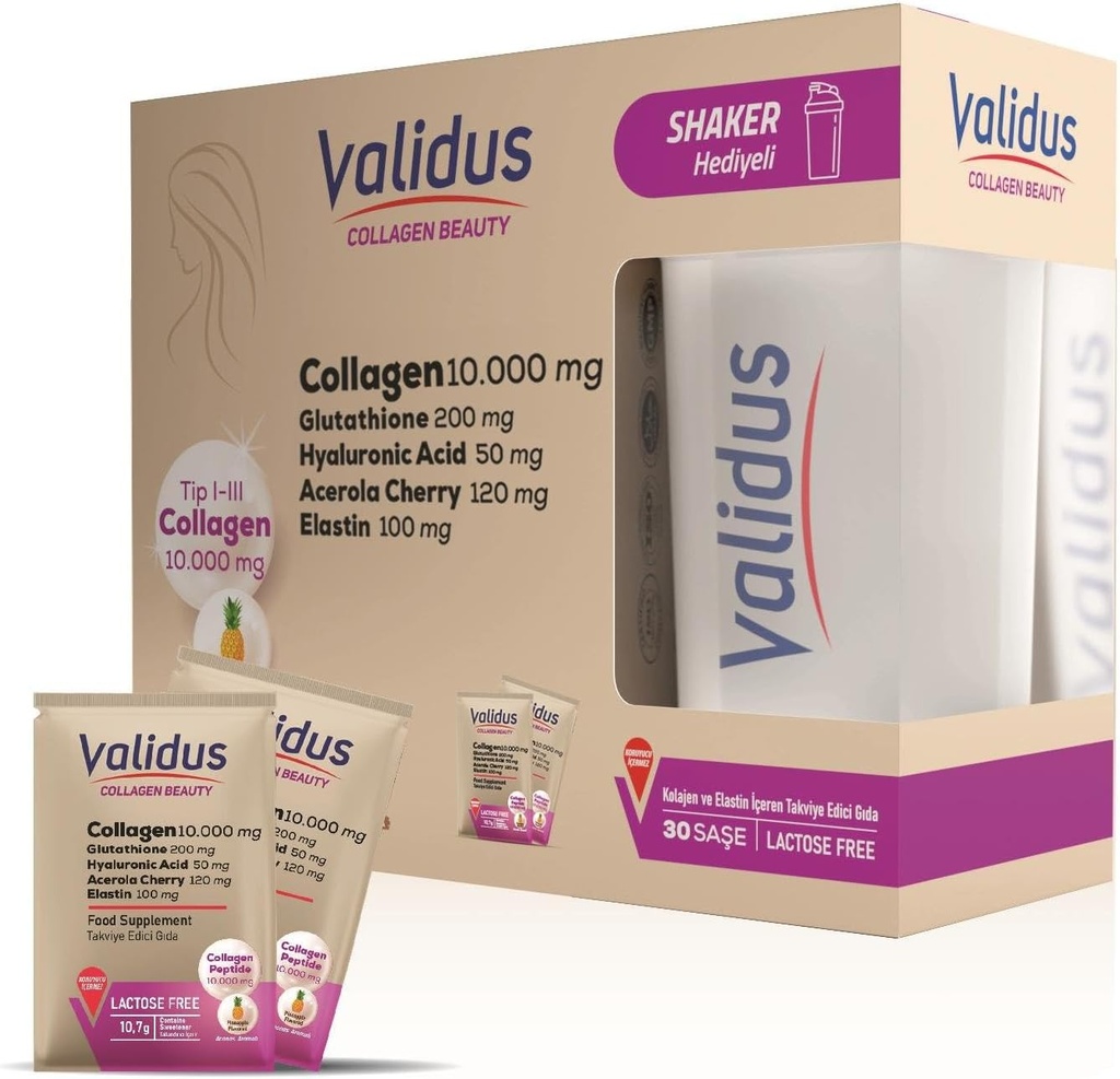 VALIDUS コラーゲン 10.000 mg + エラスチン 100 mg + グルタチオン 200 mg 30 サチェット + シェーカー