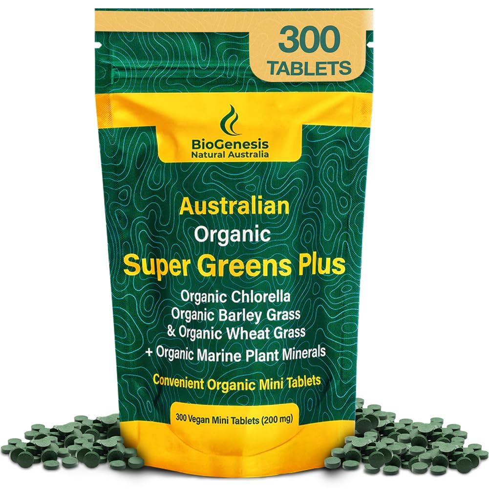 バイオジェネシス スーパーグリーンプラス 錠 – 300 カウント (200 mg) | 不燃 | 有機クロレラ・小麦草・麦草 | オーストラリア 成長 | エネルギー・免疫 | ビーガンミニタレ