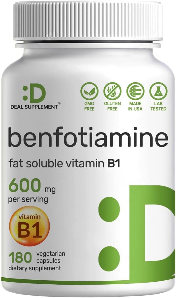 サービングあたりBenfotiamine 600mg、180ベジギーカプセル(キャップあたり300mg) - 脂肪溶性ビタミンB1チアミンサプリメント - 3rdパーティテスト、ビーガン、非GMO、グルテンフリー