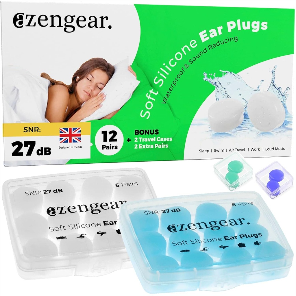 Ear Plugs for Sleep (14 Pairs), Soft Silicone Earplugs, Reusable, Sleeping, Noise Sound Cancelling, Swimming, Work