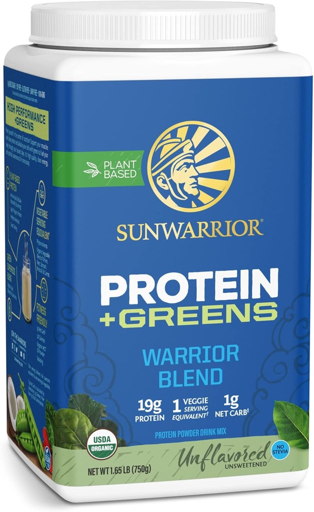 Sunwarrior の戦士のブレンド蛋白質の緑の粉の飲み物の組合せ | BCAA の植物は有機性麻の種を基づかせていました 完全菜食主義者のグルテンフリーの非 GMO の低い炭水化物蛋白質の粉 | Unflavored 750 G 30 SRV