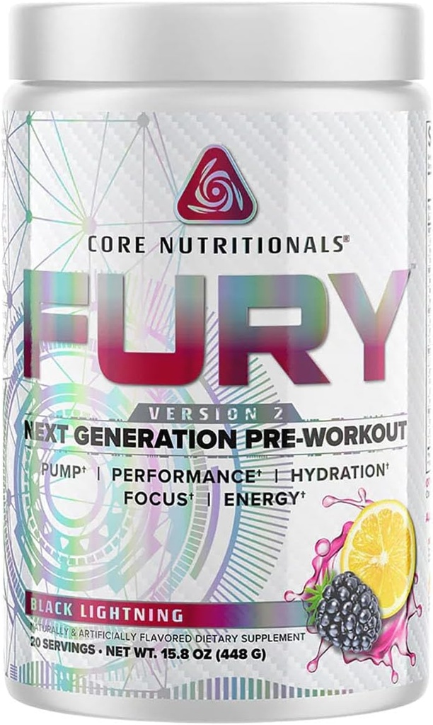 Core Nutritionals Fury V2: ジムW/Zum-XR®カフェイン、L-CItruline、アルファGPC(40 Scoops)(ブラックライトニング)でのパフォーマンスを最大化するプレワークアウトパウダー