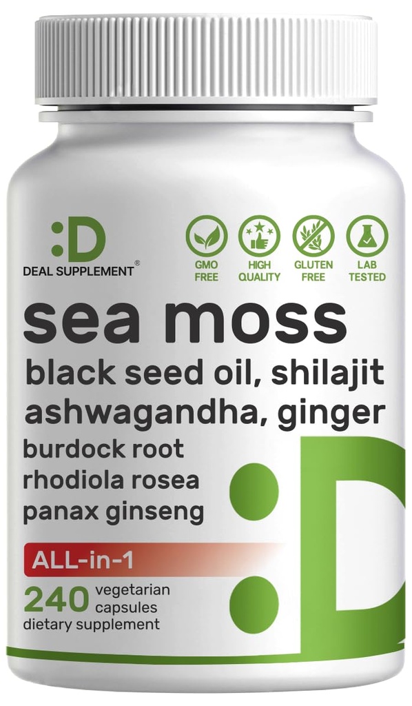 DEAL SUPPLEMENT アイリッシュ海苔 7000mg サービングあたり, 240 Veggie カプセル – 14 Superfood Complex – 3000mg ブラックシードオイル, 2000mg アシュワガンダ, 600mg ジンジャー