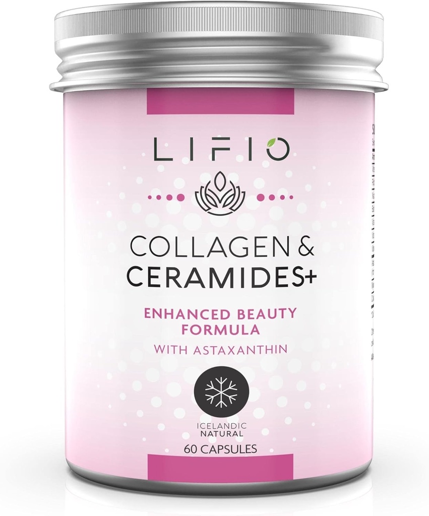 Collagen & Ceramides+, Enhanced Beauty Formula with Astaxanthin & Biotin, Vitamin A, B2, B3, B12, C & D Promotes Skin Hydration & Elasticity, Non-GMO, Gluten-Free, Soy-Free, 60 Capsules