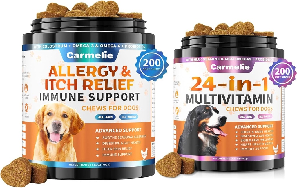 Dog Allergy Chews + Carmelie 24 in 1 Dog Multivitamin Chewable - 400 Treats - Seasonal Allergy Relief + Dog Vitamins for Hip & Joint, Skin & Coat, Immune Health (Chicken Flavor)