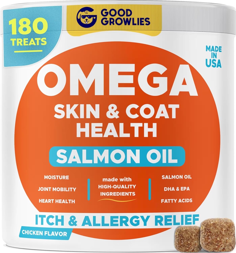 Omega 3 アラスカの魚油は、犬 (180 Ct) - Dry&Itchy スキン + アレルギー - 光沢のあるコート - EPA&DHA 脂肪酸 - 天然サーモンオイル咀嚼 - チキントルコ