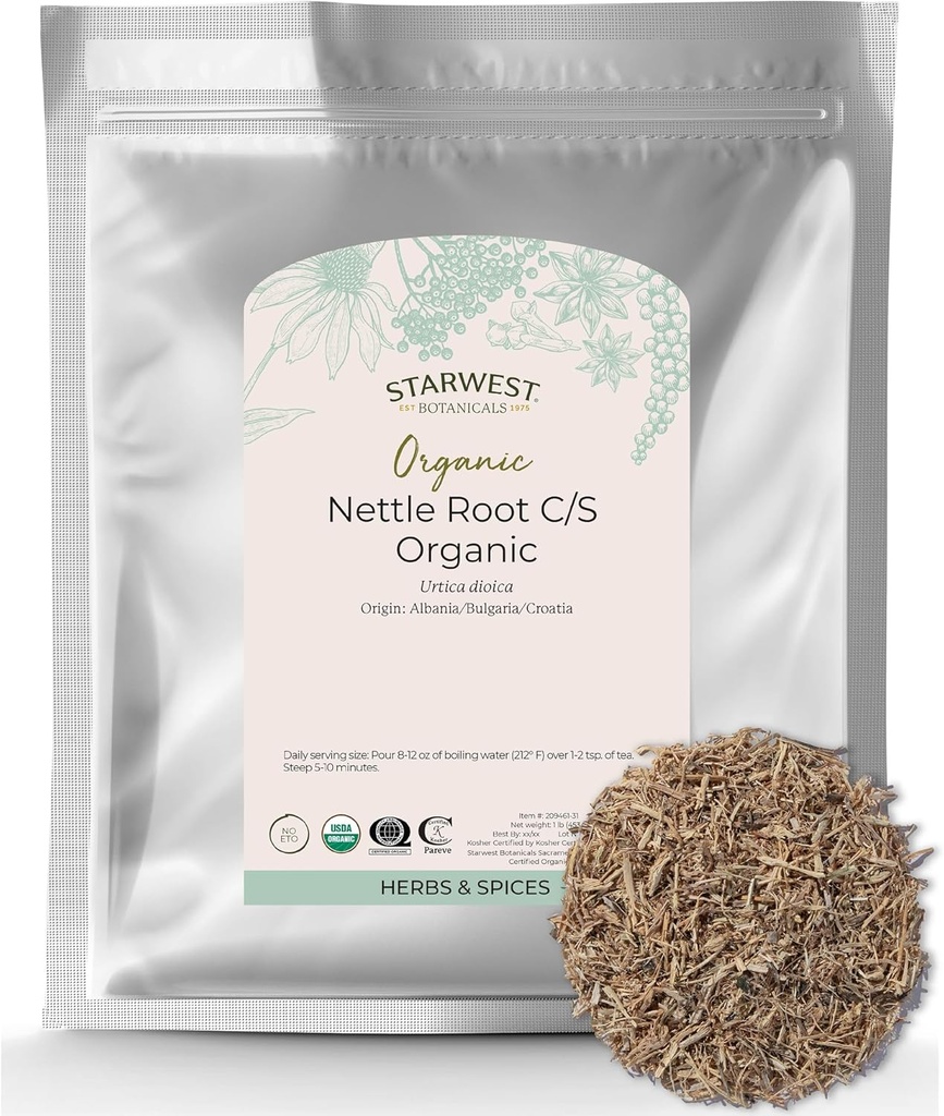 Starwest Botanicals Nettle Root Organic - 乾燥ストッキング Nettle Root, Loose Leaf Herb for Tea, Soups, Stews, & Broths, Urtica Dioica, Cut & Sifted, 認定コザール, Non-GMO - バルク1ポンドバッグ