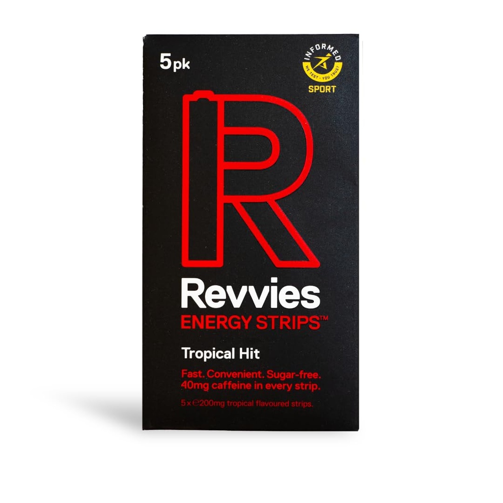 Revvies Energy Strip | トロピカルヒット | 50 ストリップ | 40mg カフェイン ストリップ | 2 ストリップ | コーヒー・エナジードリンク | 2 カロリー未満 | ヴィーガン | 10 x 5PK