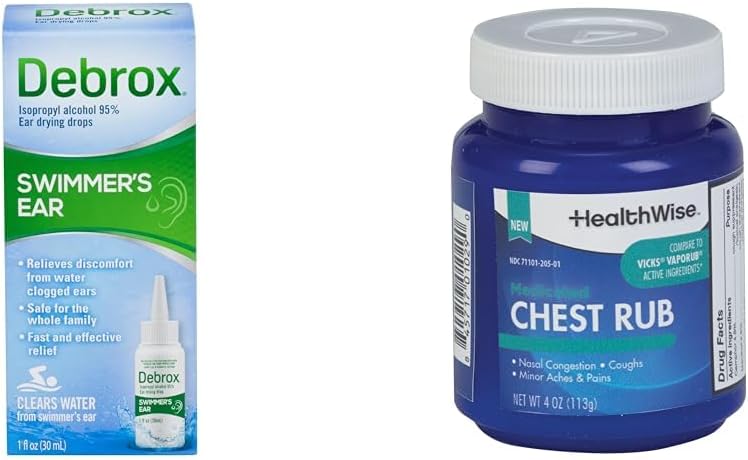 Debroxスイマーの耳ドロップ、1 Fl OzとHealthWise薬用チェストルブ、4オンス。 バンド