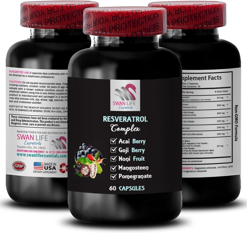 ベリースーパーフード - RESVERATROL COMLEX - 強力な抗酸化剤、バランスの取れたライフスタイル、風味豊かなエネルギー、アサイベリー強度、ノニブレンド、ベリー利点、水和バランス、リフレッシュ1ボトル60キャップ