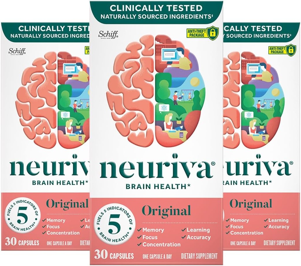 NEURIVA オリジナル ブレイン メモリ、フォーカス&集中力 + 臨床的にテストされた Nootropics Phosphatidylserine と Neurofactor、カフェイン無料、30 カプセル(3パック)